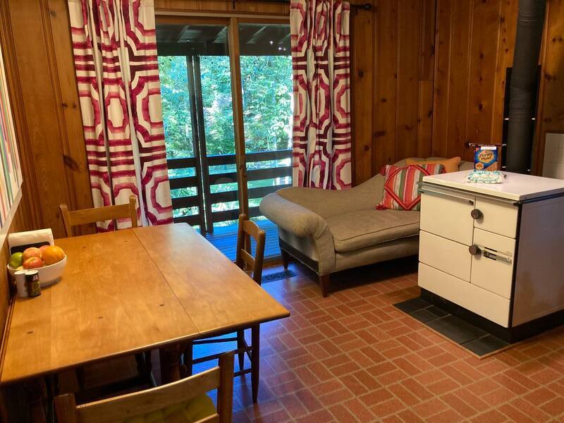 Breakfast nook, wood-burning stove and s'mores fixins.